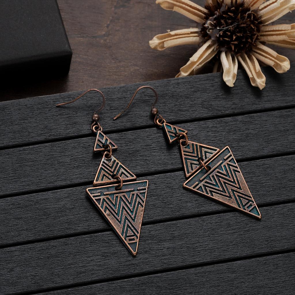 Antique Bronze Metal Earrings Vintage Geometric Round Triangle Dangle Pendientes Earrings Women's Ethnic Indian Jhumka Zircon