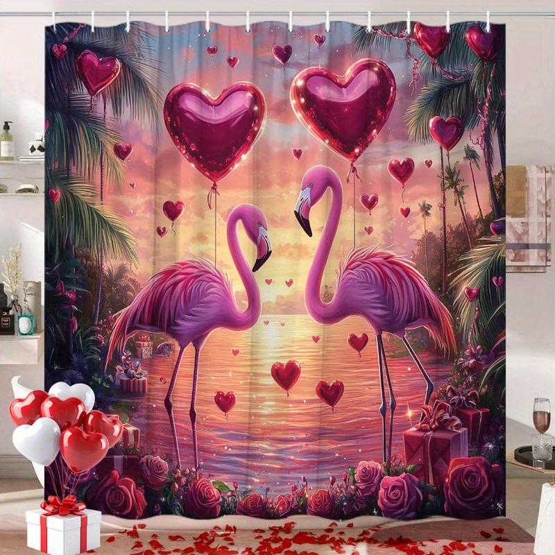 Valentine's Day Flamingo Shower Curtain - Seaside Sunset Design, Polyester Woven, Washable, 70.8x70.8", Fashion Bathroom Decor