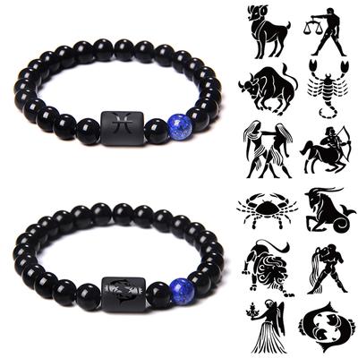 12 Constellation Zodiac Signs Beads Couple Bracelet Natural Black Onyx Stone Elastic Charm Bracelet for Women Men