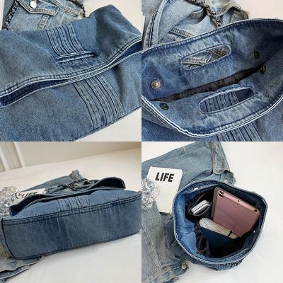 Retro Style Denim Chain Shoulder Bag, Dual-purpose Commuting Crossbody Bag for Women, Large Capacity Fashionable Tote Bag.zwq