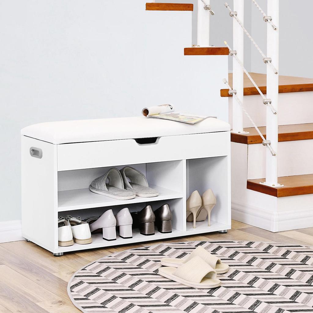 VASAGLE Panca per Scarpe in Legno, Seduta con Contenitore Imbottita, Mobile da Ingresso con 2 Ripiani e un Cassettone Nascosto, Bianco