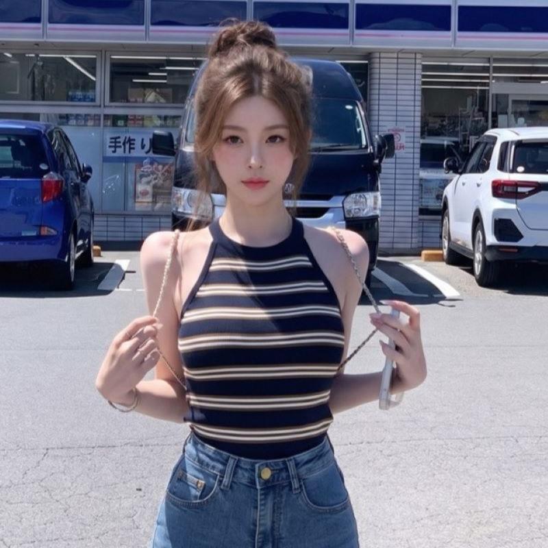 Summer new American Spice Girl style striped knitted neck vest women's waist and thin temperament versatile top