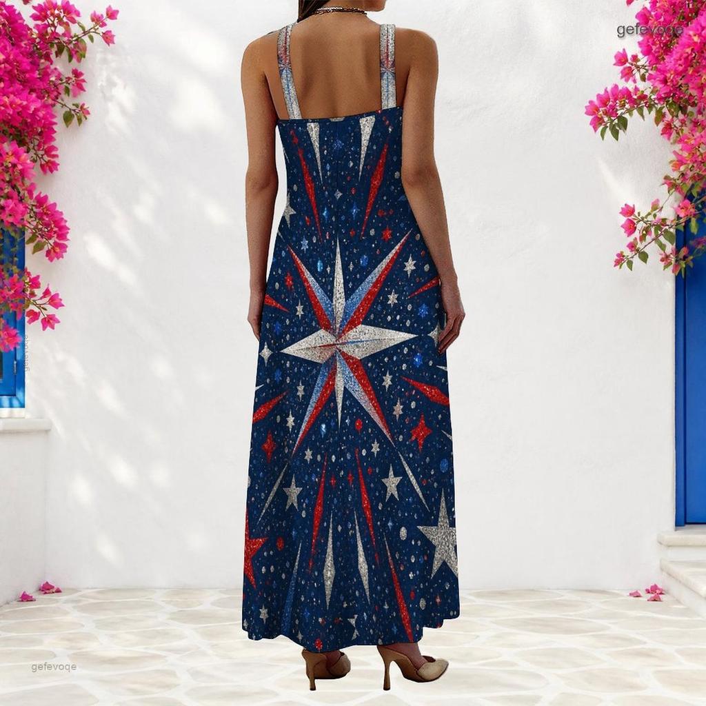Women Plus Size Scoop Neck Strappy Sleeveless A Line White Red Printed Maxi Dress