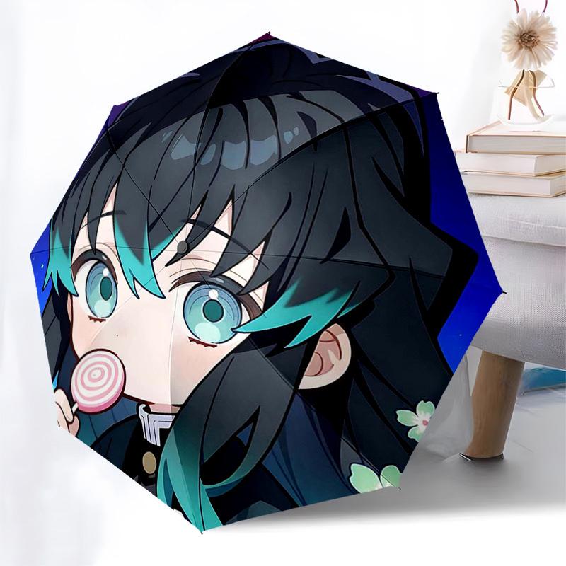 1pc Anime Character Lollipop Design Automatic Opening Umbrella with Cherry Blossom Pattern - Portable 3-Fold Design, 8-Rib Iron Frame Outdoor Umbrella