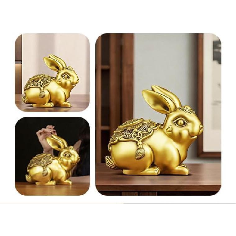 Aris & Juno Brass Wealth Rabbit Figurine – Chinese Feng Shui Prosperity, Protection & Good Fortune Symbol for Entryway, Office Desk or Home Decor,