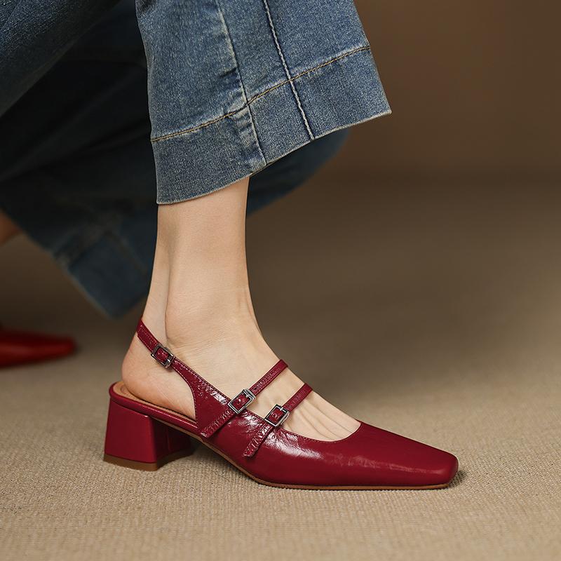 Fashion NEW Summer Women Sandals Genuine Leather Shoes Women Square Toe Chunky Heel Shoes Cover Toe Slingback Sandals Mary Janes Shoes