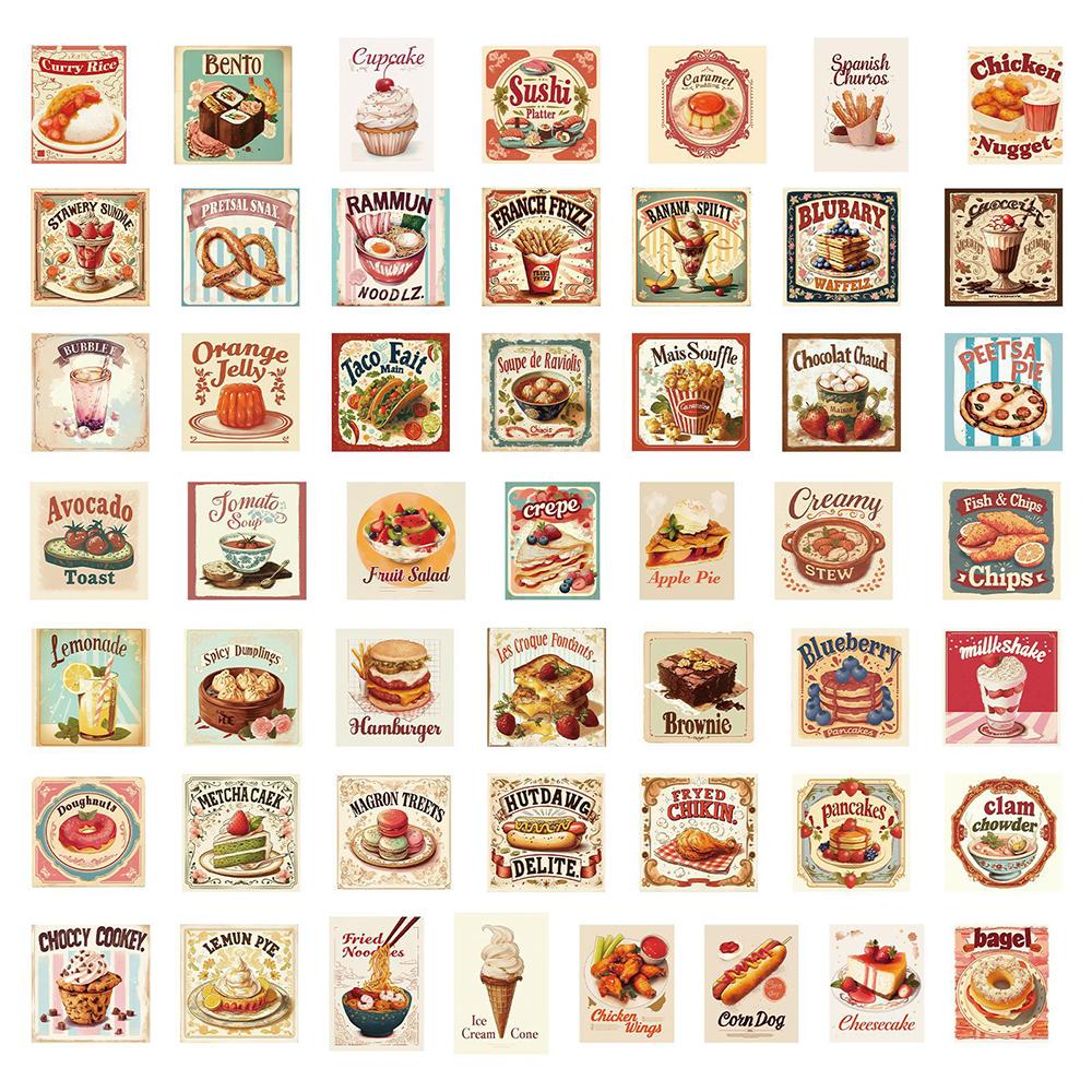 10/30/50pcs Retro Food Cake Noodle Cartoon Stickers Aesthetic Decals Waterproof DIY Fridge Laptop Vintage Decoration Sticker