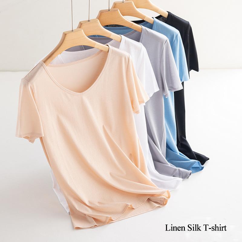 Sommer Kurzarm Damen T-Shirts Echte Seide Leinen Baumwolle T-Shirt Damen Lässige Tees V-Ausschnitt Frau Einfarbige Oberteile