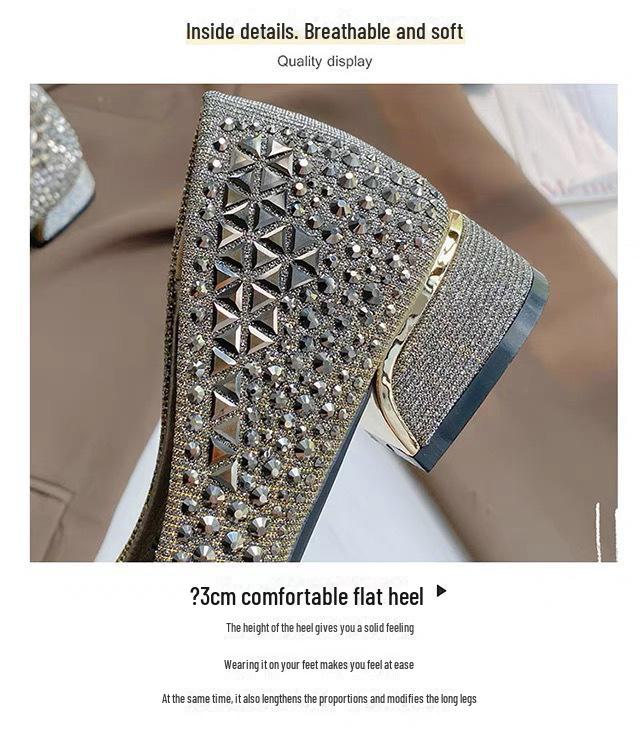 Women's 2024 Diamond-Studded Pointed Toe Chunky Heel Shoes for Spring & Autumn - Soft Bottom Wedding Shoes, Versatile Fairy Style, Large Sizes