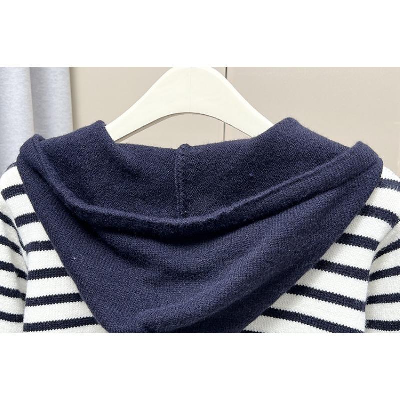Großformat Damen Gestreifter Herzknopf Kapuzen Strick Cardigan Pullover Mantel