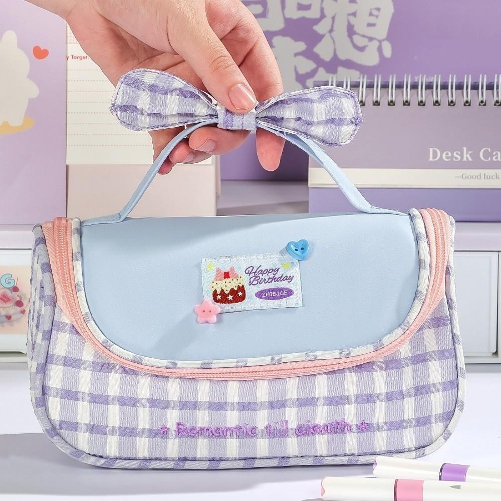 Cake Bowknot Korean Style Pen Bag Plaid Grids Cloth Stationery Bag Pencil Pouch Kids Children