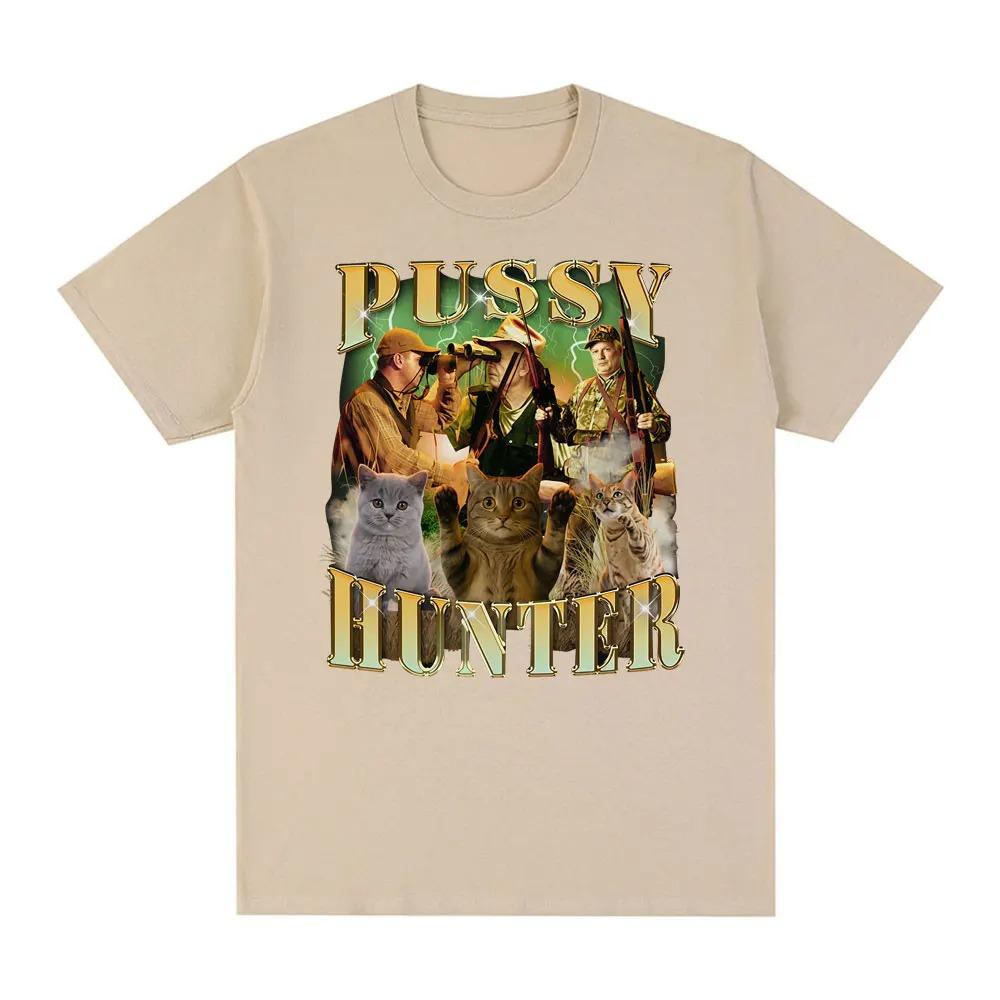 Pussy Hunter Vintage Funny Cat Hunting Graphic Oversized T-Shirt, Retro Streetwear Tee, Unisex Casual Top