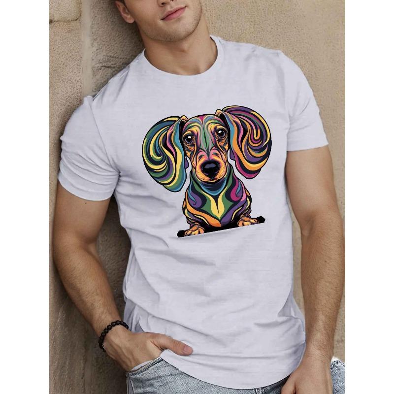European Sizes Men's Psychedelic Dachshund Graphic T-Shirt - Vibrant Geometric Design, Casual Summer Short Sleeve Crewneck, Soft Polyester Fabric