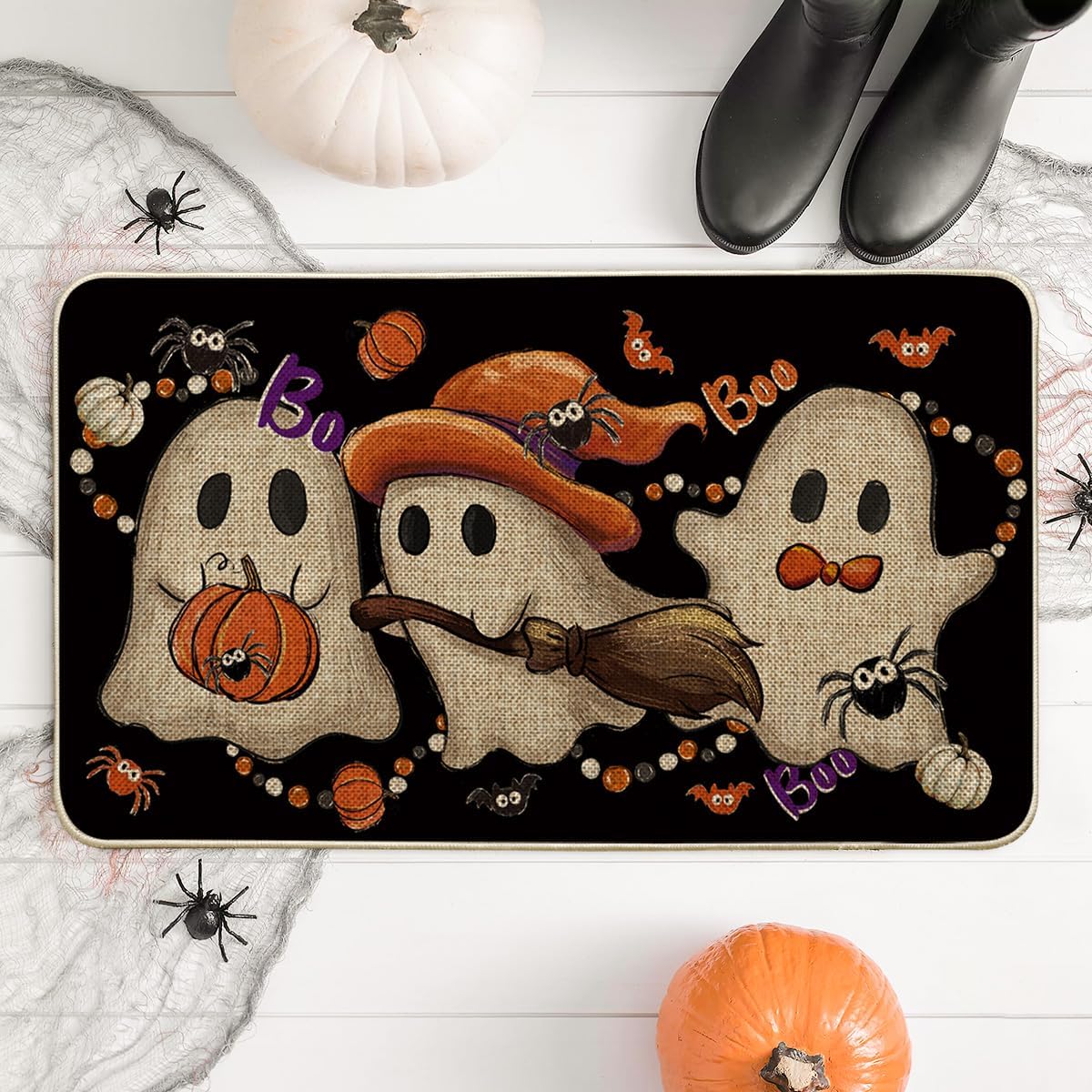 

Halloween Welcome Mat Ghost Black Cat Indoor Outdoor Halloween Decorations Porch Entrance Hallway Kitchen Rug 40x60cm 16x24inch