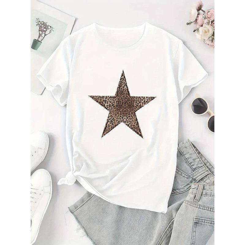 European Size Women'S Chic Leopard Print Star T-Shirt - Casual Crew Neck, Short Sleeve, Stretchy Polyester Blend