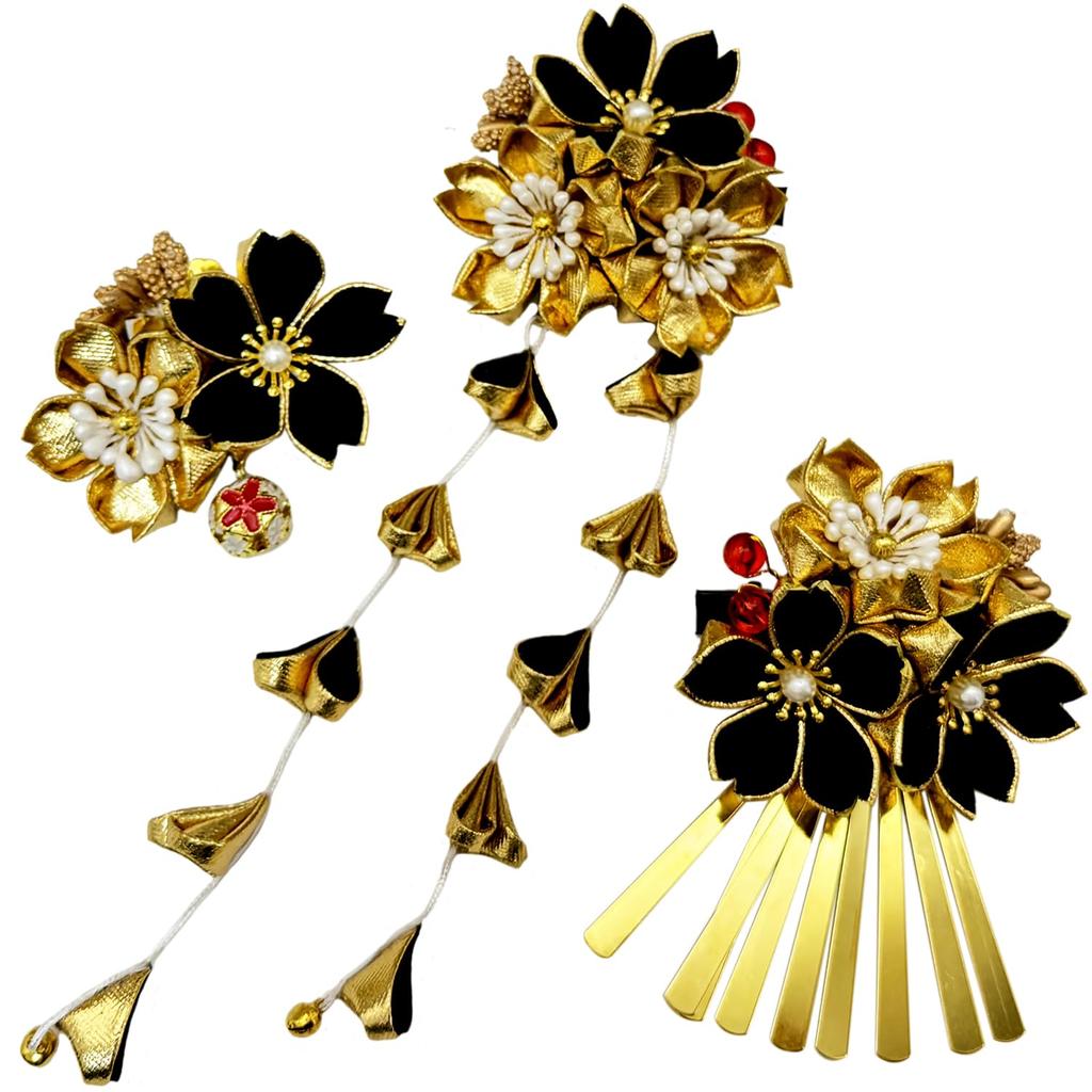 Baramoly Gold Hair Ornament Set with Perfect for and Other Japanese JH305 3-Piece Tsumami-Zaiku Design, Shichi-Go-San, Yukata, Kimono, Coming-of-Age