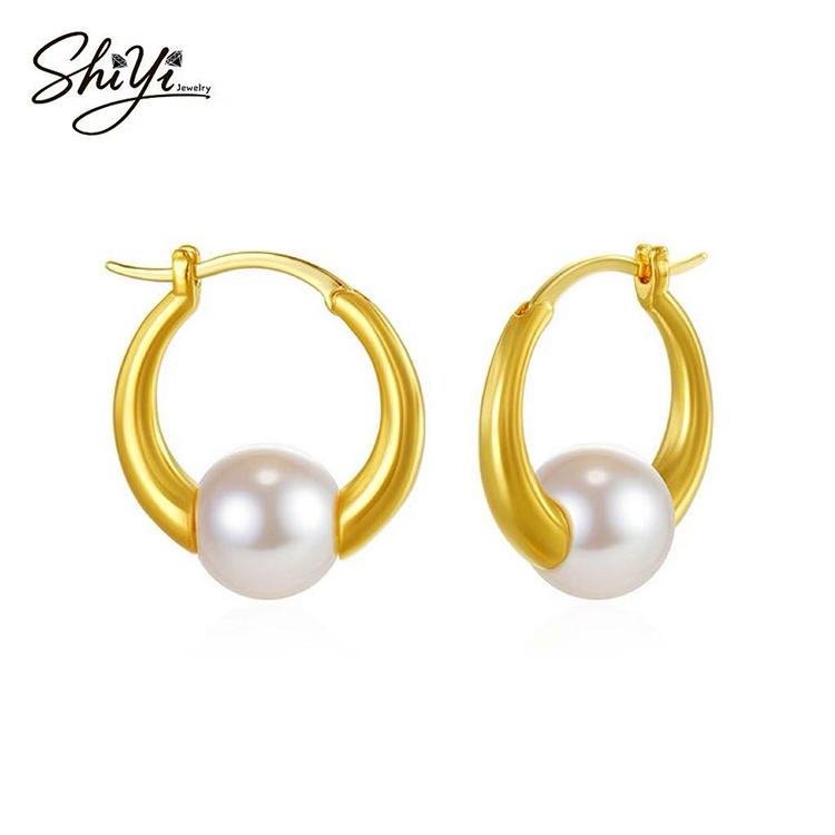 14K Gold Plated Brass Hypoallergenic Pearl Hoop Earrings Tarnish Resistant Freshwater Pearl Huggie Earrings Women Daily Wear