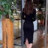 Frühlings- und Herbst-Damenkleid-Paket, Hüftlicht, vertrauter Wind, bequem, lässig, dünn, langärmelig, V-Ausschnitt