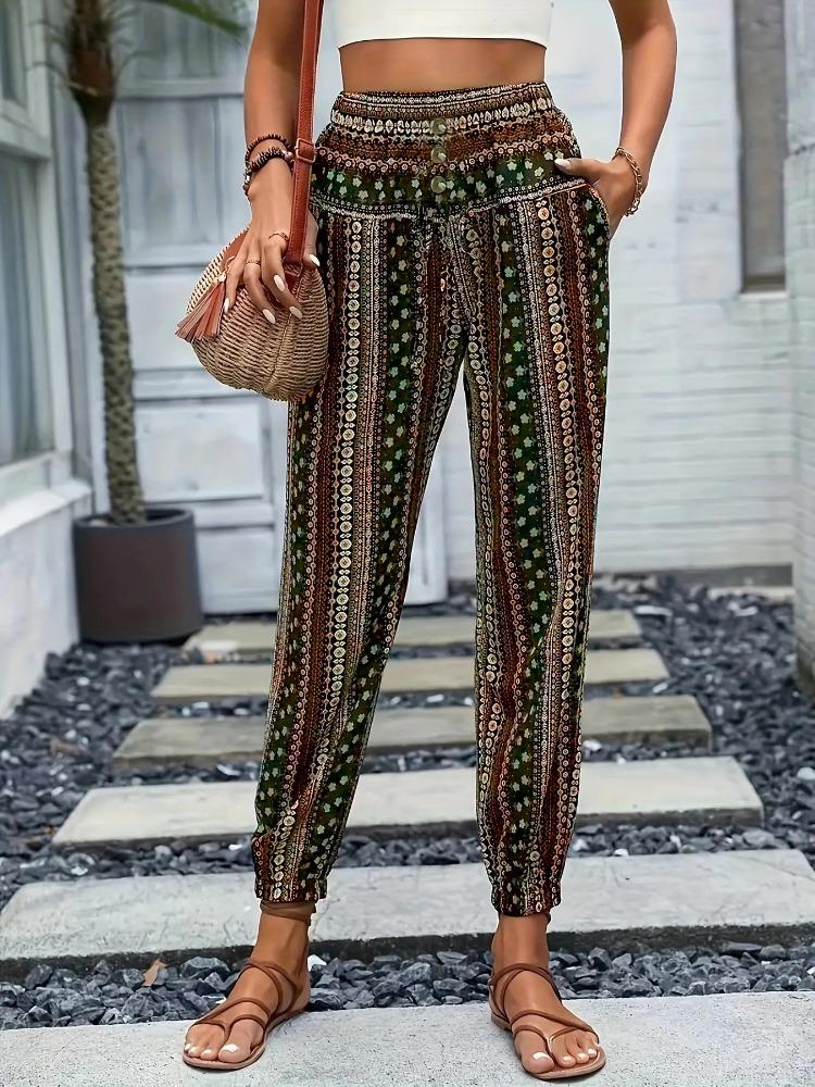 Frühling/Sommer Damen Böhmischer Ethno-Print Locker Schlankmachend Drapierte Elastische Taille Aufgeschlagene Lässige Hose