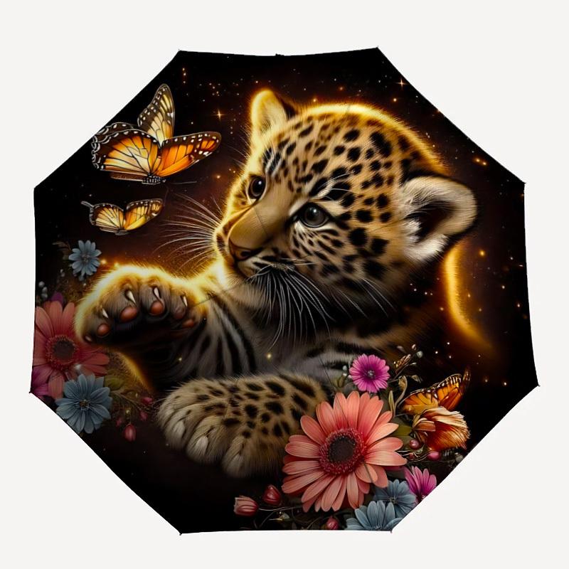 

1pc Leopard Flowers Butterflies Print Automatic Open/Close Umbrella with Windproof, 8-Rib Sturdy Canopy, Durable Ribs, Ideal for Gifts yy251117012