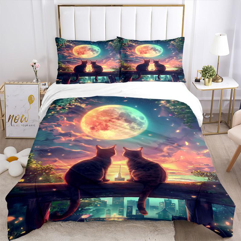3pcs Anime Cat Moonlight Bedding Set - Includes One Quilt Cover and Two Pillowcases (No Core) - Home Decor Gift for Bedroom and Guest Room D