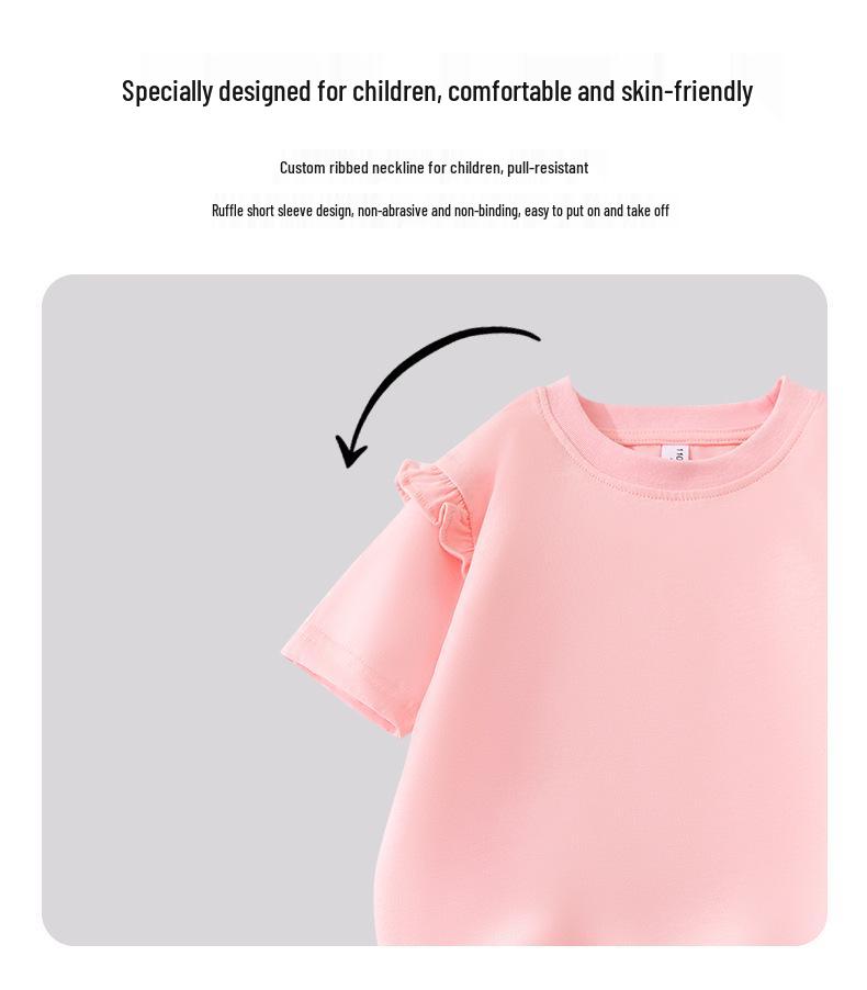 2025 Summer Korean Style Girls' Cotton Ruffle T-Shirt - Round Neck, Short Sleeve, Solid Color, Cute Undershirt.