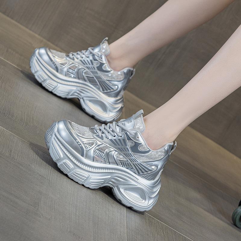 Fashion 9CM Women Spring Summer Air Mesh Shoes Mules Shoes Vulcanize Chunky Sneakers Microfiber Platform Wedge Hollow Slides Sandals