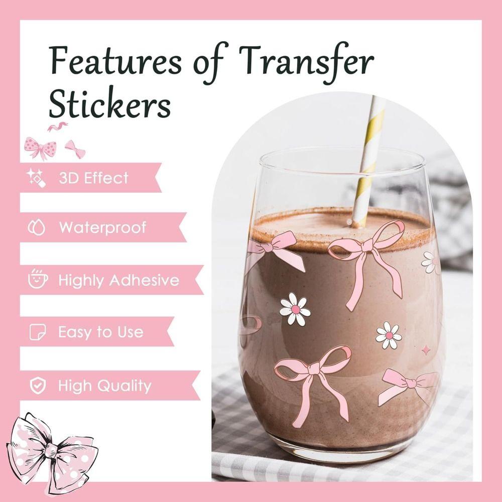 7Pcs/Bag Smooth UV DTF Transfer Sticker Clear Pink Bow Decals  For 16Oz Glass Cup