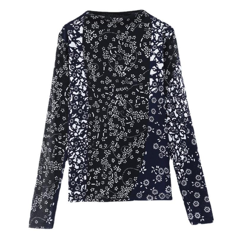 Dámské základní tričko ze síťoviny s potiskem s vysokým límcem na podzim, top s dlouhým rukávem, stylové, všestranné, elastické, slim fit tričko