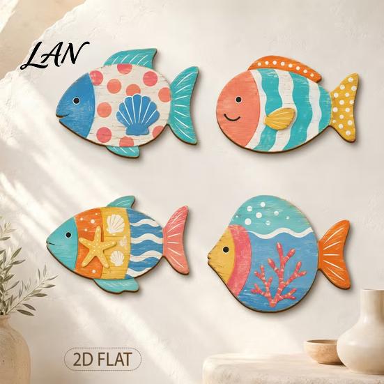 Coastal Wall Art Decor 4PCS Aspen Wood Fish Decor, Colorful Hanging Vintage Distressed Sculptures Art, Beach Theme Decorative Plaques for Bathroom