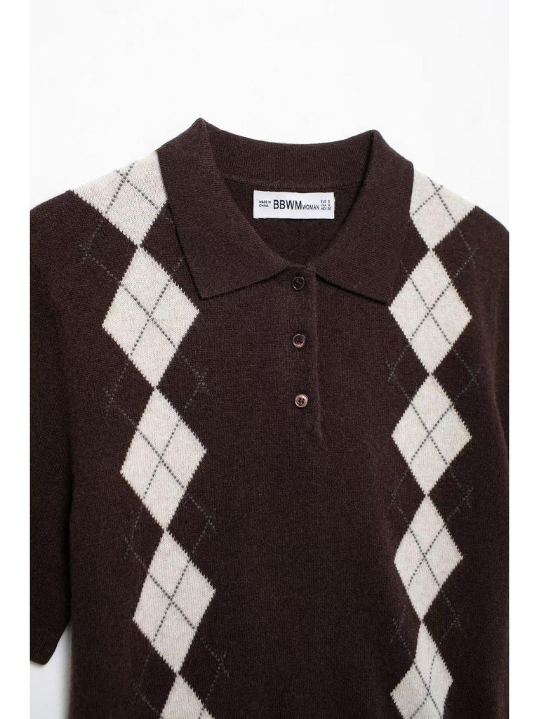 2025 Frühling/Sommer Argyle Preppy POLO Kragen Strick Damen Top