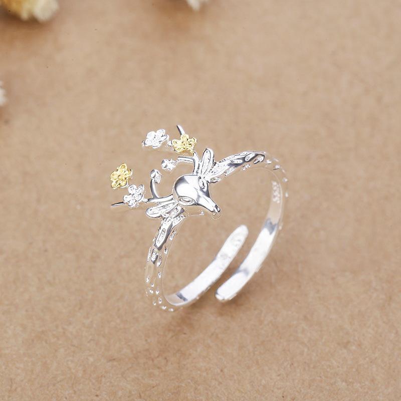 Mori-Style Creative Deer and Plum Blossom Midi Ring for Women - Christmas Gift Jewelry for Girlfriend