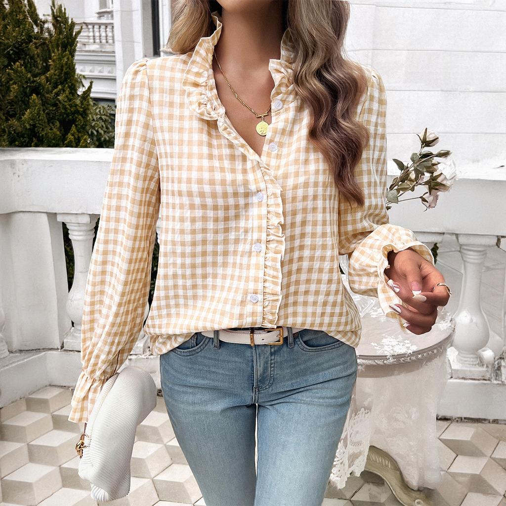 Women's Winter Tops Women's French Plaid Ruffle Button Blouse