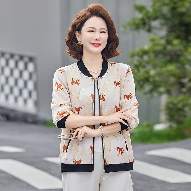 

Stylish Printed Baseball Jacket for Women, Lightweight Spring & Autumn Outerwear, Fashionable Top for Middle-Aged & Elderly Women 5XL (for 72.5-80 kg) бежевий
