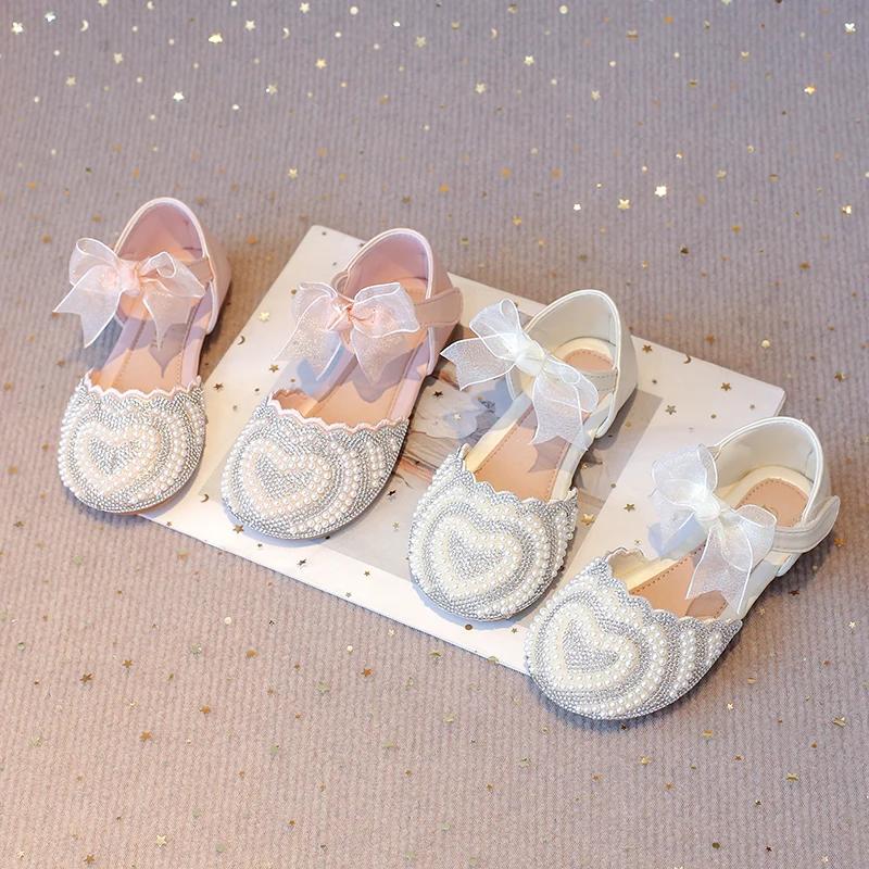 Girls Half Sandals Kids Princess Flat Shoes with Lace Ribbon 2025 Spring Summer Bow-knot Pearl Heart Shape Rhinestone Sweet Chic