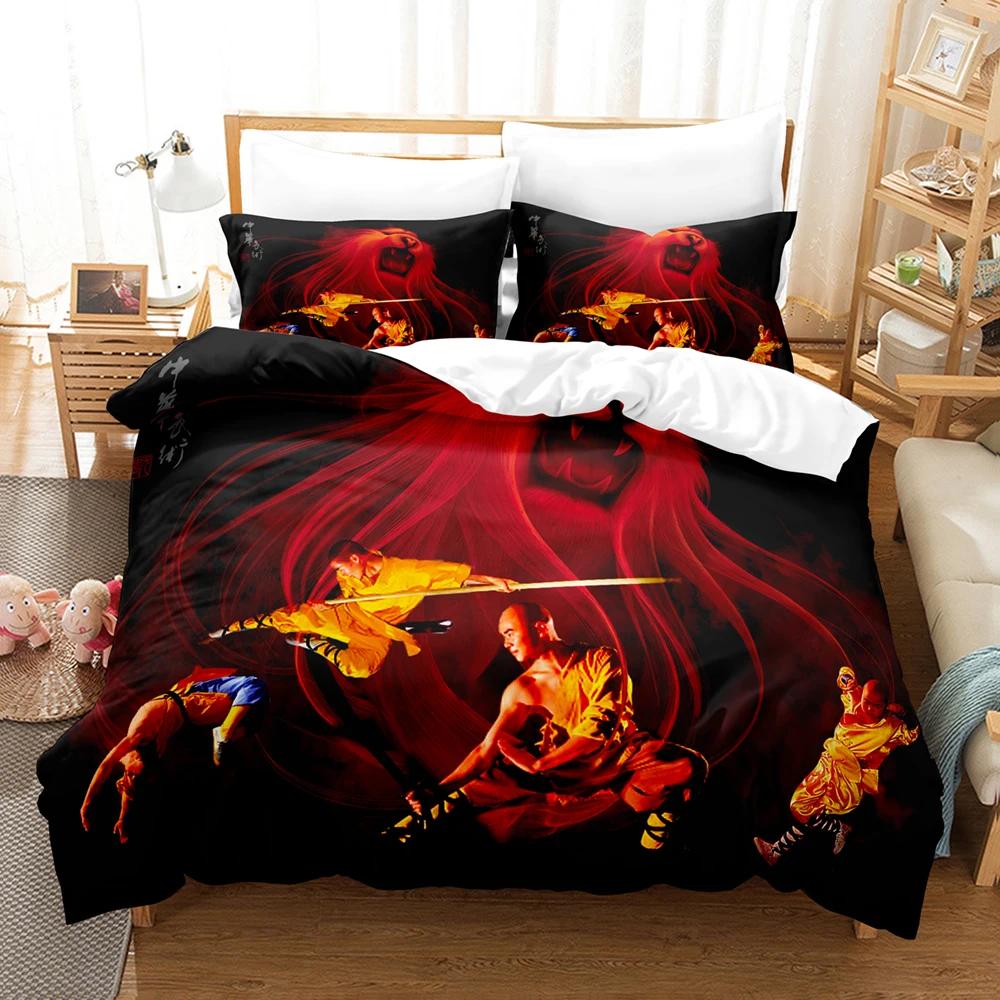 Chinese Kungfu Duvet Cover Black Cartoon Martial Artist Silhouette for Adult Teens Boys China Cultural Theme Bedroom Decoration