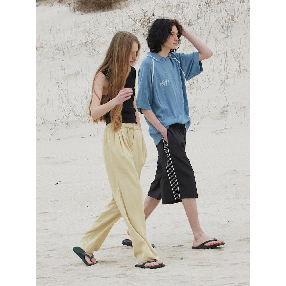 Saendeusaundeu (Unisex) Wide Elastic Waist Pants Beige