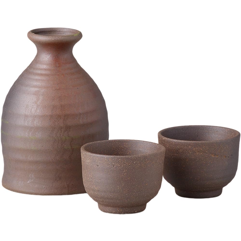 Sake Tokkuri and Ochoko Bottle and Diameter x Height Yakishime Mino Made in Japan Ale-net Set, (Sake Cup) Set, 6.8cm 10cm, 170cc, (Glazed) Porcelain,