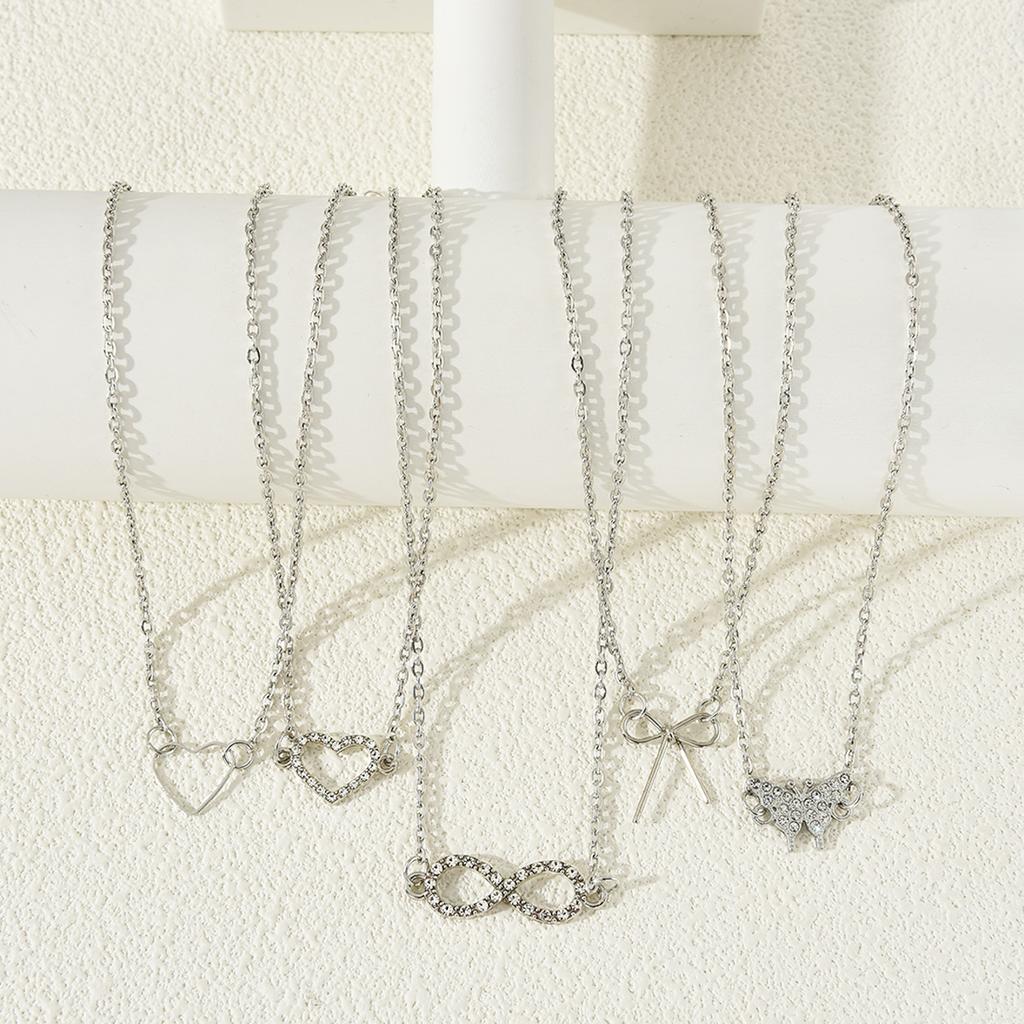5Pcs/Set Butterfly Bowknot Heart Crystal Pendant Necklaces Set For Women Simple Silver Color Necklaces Fashion Birthday Jewelry