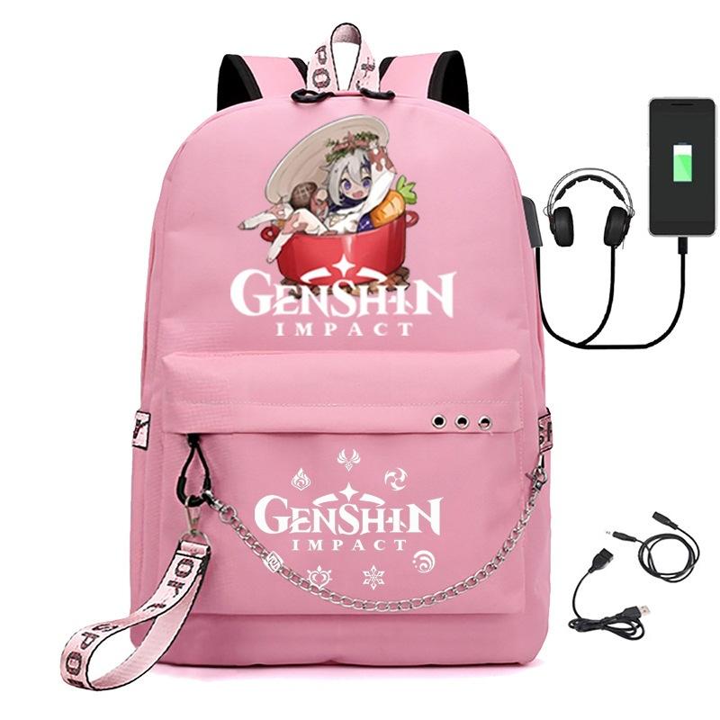 Printed Iron Chain Usbgenshinimpact Yuanshen Backpack Leisure Middle School Student Travel School Bag