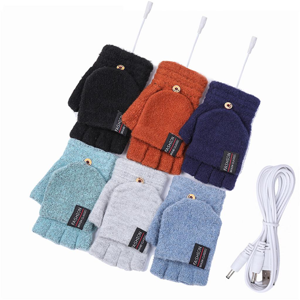 USB Electric Heated Convertible Gloves Winter Half Finger Mittens Stretchy Half Finger Gloves with Top Cover for Men