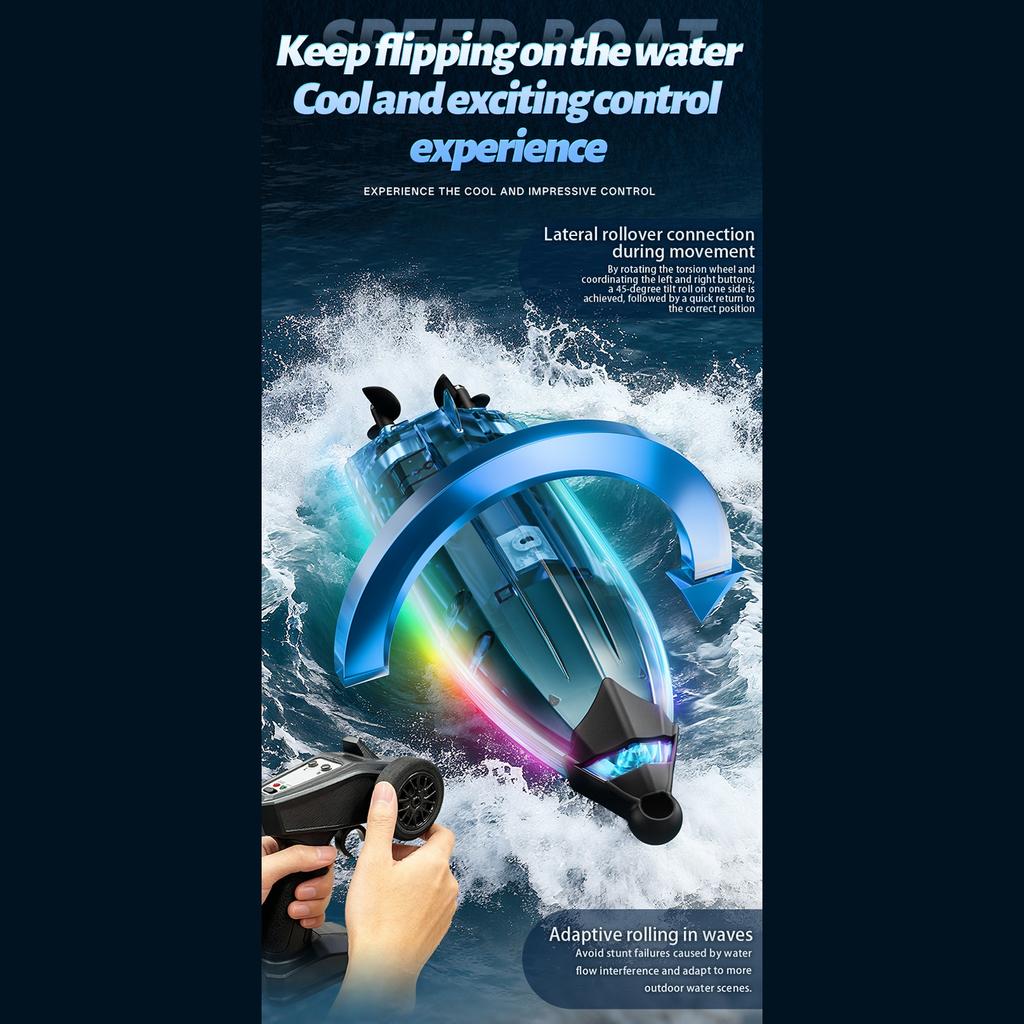 Remote Control Boat Brushless High Speed RC Boat Dual Motor 360 Degree Rotation with Colorful Lights blue