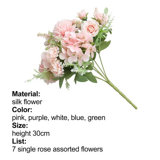 Artificial Flower Handmade Decorative Faux Silk Flower Non-fading 7 Heads Rose Fake Flower for Living Room