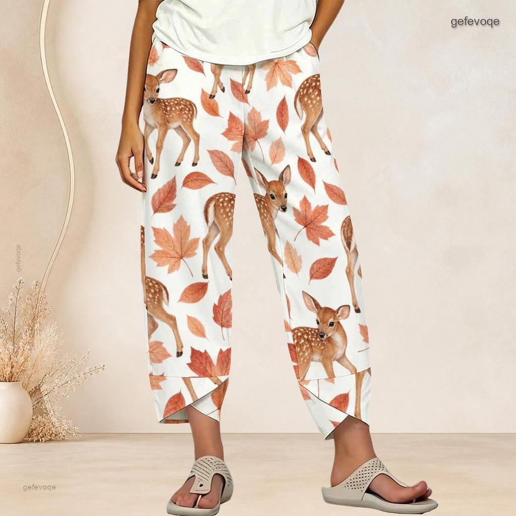 Women Plus Size Loose Fawn Maple Leaf Printed Cross Hem Cropped Pants