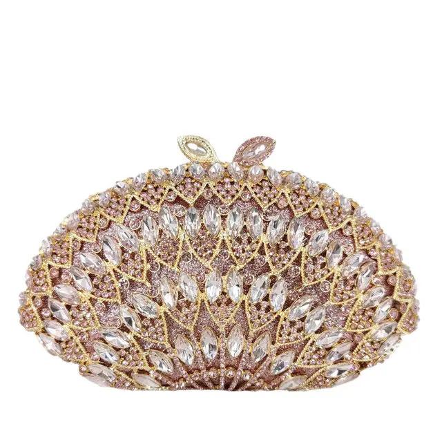 

Boutique De FGG Women Rosegold Crystal Evening Clutch Bag Wedding Formal Dinner Purses Handbags Bridal Diamond MInaudiere Bag Small Size
