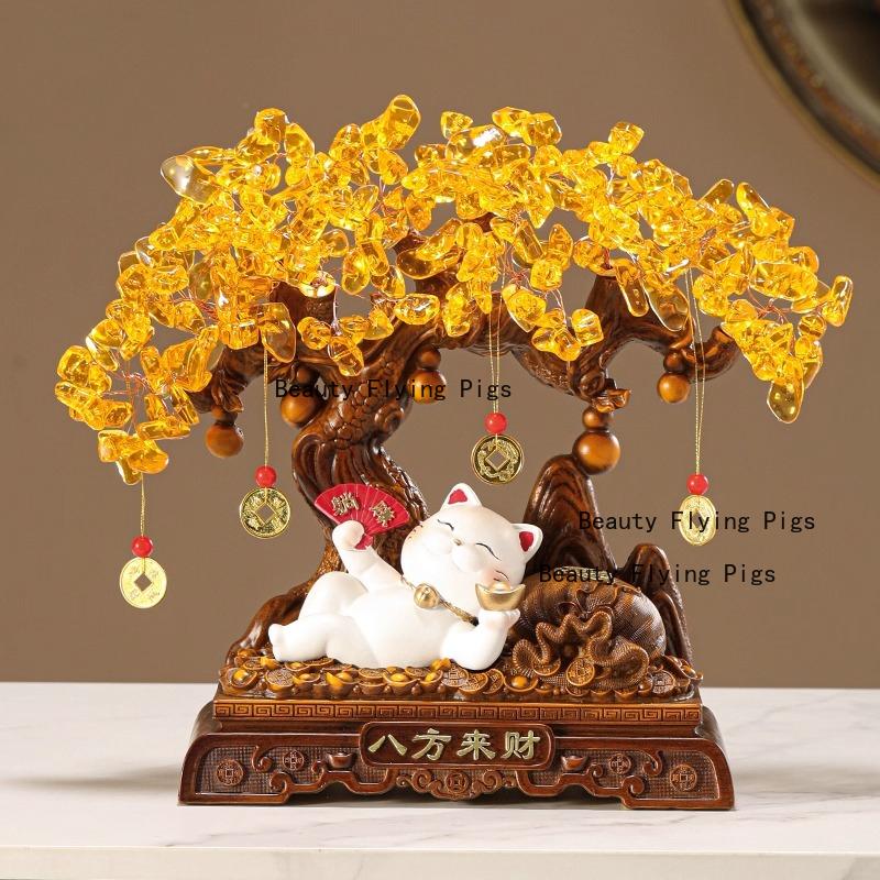 1pc Resin Wealth Cat Ornament Wealth Tree Ornament Home Decoration Resin Crafts Housewarming Gift Chinese Desktop Decoration