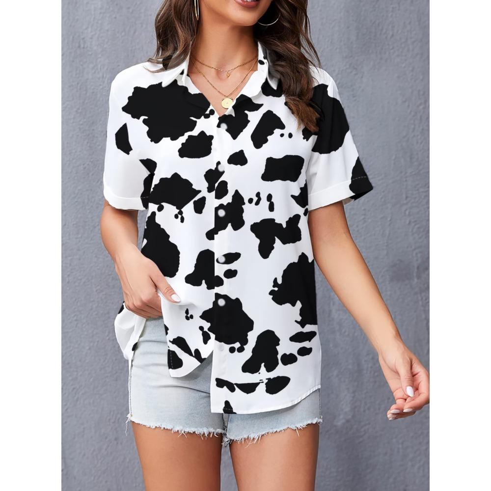 Simple and personalized print women's summer collar short sleeved shirt, fashionable daily versatile top