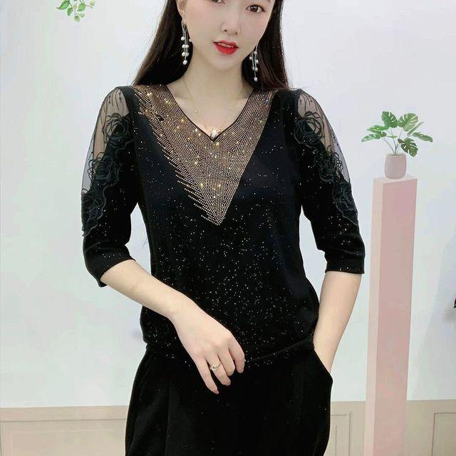 

Модная футболка с V-образным вырезом и горячими бриллиантами для женщин, летняя новинка, топ для мамы, пуловеры с рукавом 3/4, футболка M-4XL XXXL чёрный