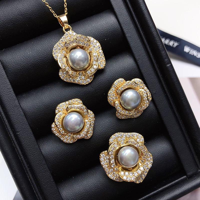 Elegant Peony Freshwater Pearl Necklace, Ring,  Earring Set Without Chain Without Box
