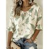 Women's Beige Floral & Butterfly Print Tie Neck Blouse, Casual Loose Tops for Spring Summer Daily Wear & Vacation Occasions